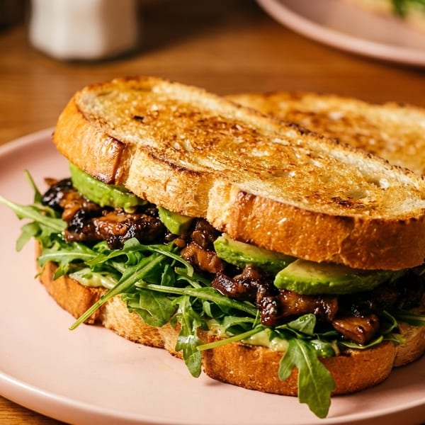 Toasted bread sandwich with avocado slices, mushrooms, and arugula on a pink plate.