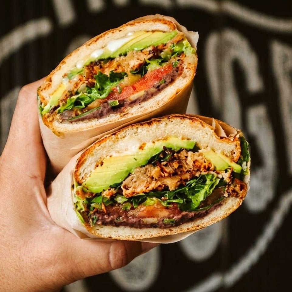 A hand holds two halves of a large sandwich filled with meat, avocado, lettuce, and tomato.