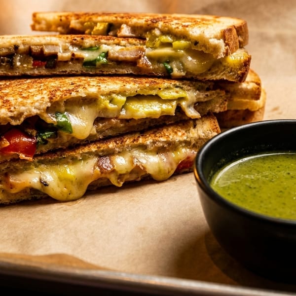Grilled cheese sandwiches with melted cheese and vegetables, served with a side of green soup.