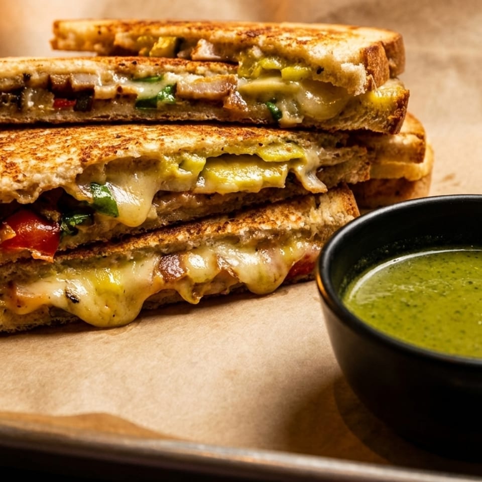 Grilled cheese sandwiches with melted cheese and vegetables, served with a side of green soup.