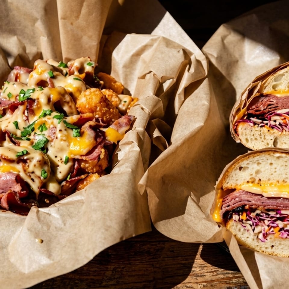 Pastrami tater tots with cheese sauce and two pastrami sandwiches with coleslaw on a wooden table.