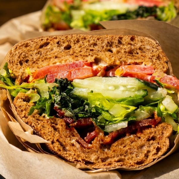 A close-up of a sandwich with bacon, lettuce, tomato, and cucumber on whole wheat bread.